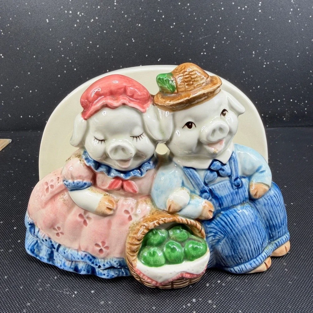 Vintage Otagiri Japan Ceramic Pig Couple Napkin Holder Hand Painted Farmhouse